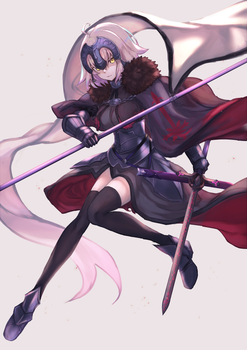 1girl absurdres ahoge armor armored_dress banner black_dress black_legwear dress fate/grand_order fate_(series) faulds fifty1202 full_body grey_background headpiece highres holding holding_sword holding_weapon jeanne_d'arc_(alter)_(fate) jeanne_d'arc_(fate)_(all) looking_at_viewer short_hair silver_hair simple_background solo sword thigh-highs weapon yellow_eyes zettai_ryouiki