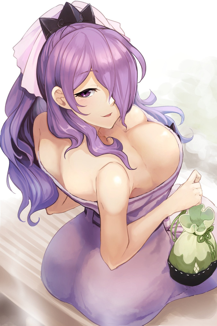 1girl ass bare_shoulders bow breasts camilla_(fire_emblem_if) cleavage dress eyebrows_visible_through_hair fire_emblem fire_emblem_heroes fire_emblem_if from_behind hair_bow hair_ornament hair_over_one_eye highres holding large_breasts long_hair looking_at_viewer looking_up nakabayashi_zun nintendo onsen open_mouth ponytail pouch purple_hair sitting smile steam strapless strapless_dress tied_hair very_long_hair violet_eyes