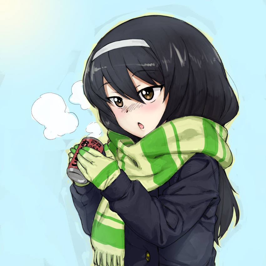 1girl bangs black_hair blue_background blue_coat blush breath brown_eyes can chestnut_mouth commentary fringe_trim girls_und_panzer gloves green_gloves green_scarf hairband highres holding holding_can long_hair long_sleeves onsen_tamago_(hs_egg) open_mouth reizei_mako scarf soda_can solo striped striped_gloves striped_scarf upper_body white_hairband