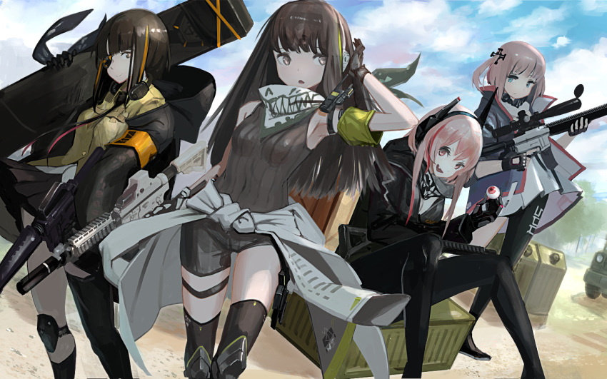 4girls assault_rifle bangs black_gloves black_jacket black_legwear blue_eyes breasts brown_eyes brown_hair closed_mouth clouds eyeball eyebrows_visible_through_hair eyepatch fang fingerless_gloves girls_frontline gloves gun hair_ornament headphones headphones_around_neck holding holding_gun holding_weapon hood hooded_jacket jacket kesomaru long_hair long_sleeves m16a1 m16a1_(girls_frontline) m4_carbine m4_sopmod_ii m4_sopmod_ii_(girls_frontline) m4a1_(girls_frontline) multicolored_hair multiple_girls open_mouth outdoors pink_eyes pink_hair rifle short_sleeves sitting sky smile st_ar-15_(girls_frontline) standing streaked_hair tank_top thigh-highs weapon