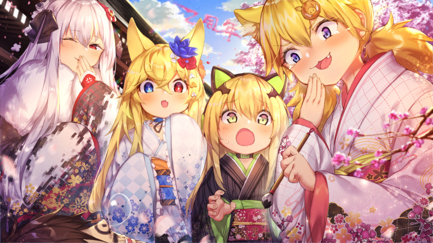 1boy 4girls :3 :d :o animal_ears bangs black_kimono blonde_hair blue_eyes blue_flower blue_sky blurry blurry_foreground blush brown_hair calligraphy_brush cat_ear_headphones cat_ears checkered clouds cloudy_sky commander_(girls_frontline) commentary_request day depth_of_field eyebrows_visible_through_hair fingernails floral_print flower g41_(girls_frontline) girls_frontline hair_between_eyes hair_flower hair_ornament half-closed_eye headphones heterochromia highres holding holding_paintbrush idw_(girls_frontline) japanese_clothes kar98k_(girls_frontline) kimono long_hair long_sleeves low_twintails multiple_girls obi one_eye_closed open_mouth out_of_frame outdoors paintbrush pink_flower print_kimono red_eyes sash shennai_misha sky sleeves_past_fingers sleeves_past_wrists smile striped tmp_(girls_frontline) tree_branch twintails vertical-striped_kimono vertical_stripes very_long_hair white_hair white_kimono wide_sleeves