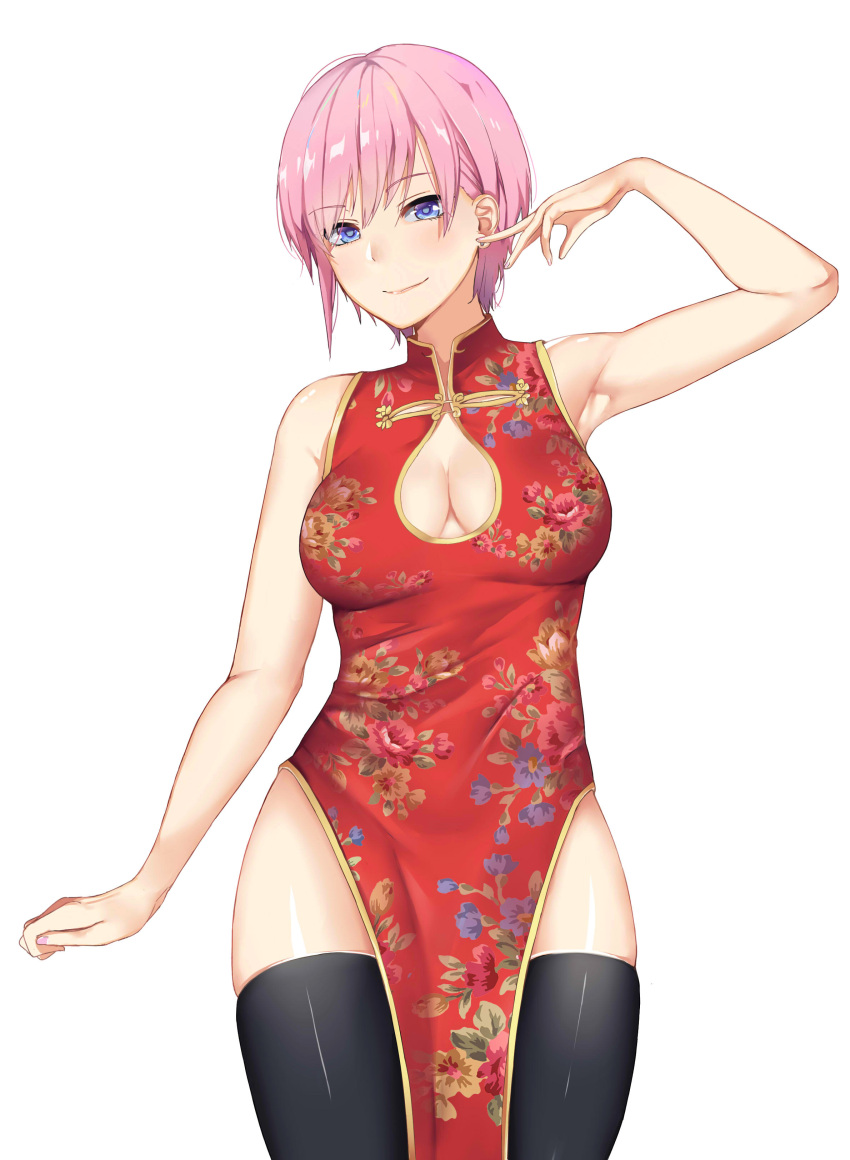 1girl absurdres ardi_rayhan armpits bangs bare_shoulders blue_eyes blush breasts china_dress chinese_clothes cleavage cleavage_cutout dress earrings eyebrows_visible_through_hair go-toubun_no_hanayome highres jewelry large_breasts nakano_ichika pelvic_curtain pink_hair red_dress short_hair simple_background smile solo stud_earrings thigh-highs white_background