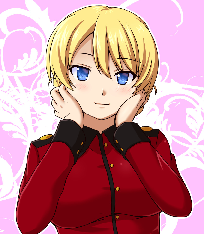 1girl absurdres bangs beni_(bluebluesky) blonde_hair blue_eyes blush braid closed_mouth commentary darjeeling epaulettes eyebrows_visible_through_hair girls_und_panzer hands_on_own_face highres jacket long_sleeves looking_at_viewer military military_uniform purple_background red_jacket short_hair smile solo st._gloriana's_military_uniform tied_hair twin_braids uniform upper_body