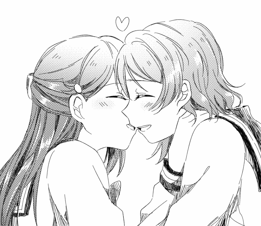 2girls ^_^ blush closed_eyes closed_eyes hair_ornament hairclip half_updo halftone hand_on_another's_shoulder heart highres imminent_kiss long_hair long_sleeves love_live! love_live!_sunshine!! monochrome multiple_girls open_mouth sakurauchi_riko school_uniform serafuku short_hair smile upper_body uranohoshi_school_uniform watanabe_you white_background yuchi_(salmon-1000) yuri