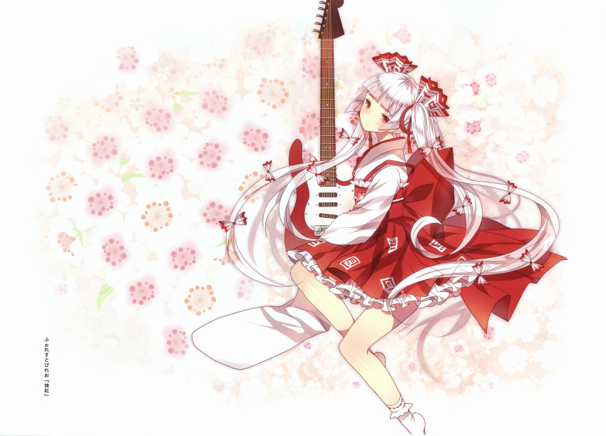1girl absurdres adapted_costume alternate_hairstyle bangs blunt_bangs blush bobby_socks bow domotolain electric_guitar feet_out_of_frame floral_background fujiwara_no_mokou guitar hair_bow head_tilt highres hime_cut holding holding_instrument huge_filesize instrument japanese_clothes kimono long_hair long_sleeves looking_at_viewer no_shoes obi ofuda petticoat red_eyes red_sash red_skirt sash scan silver_hair skirt socks solo suspenders thighs touhou translation_request twintails very_long_hair white_bow white_kimono white_legwear wide_sleeves