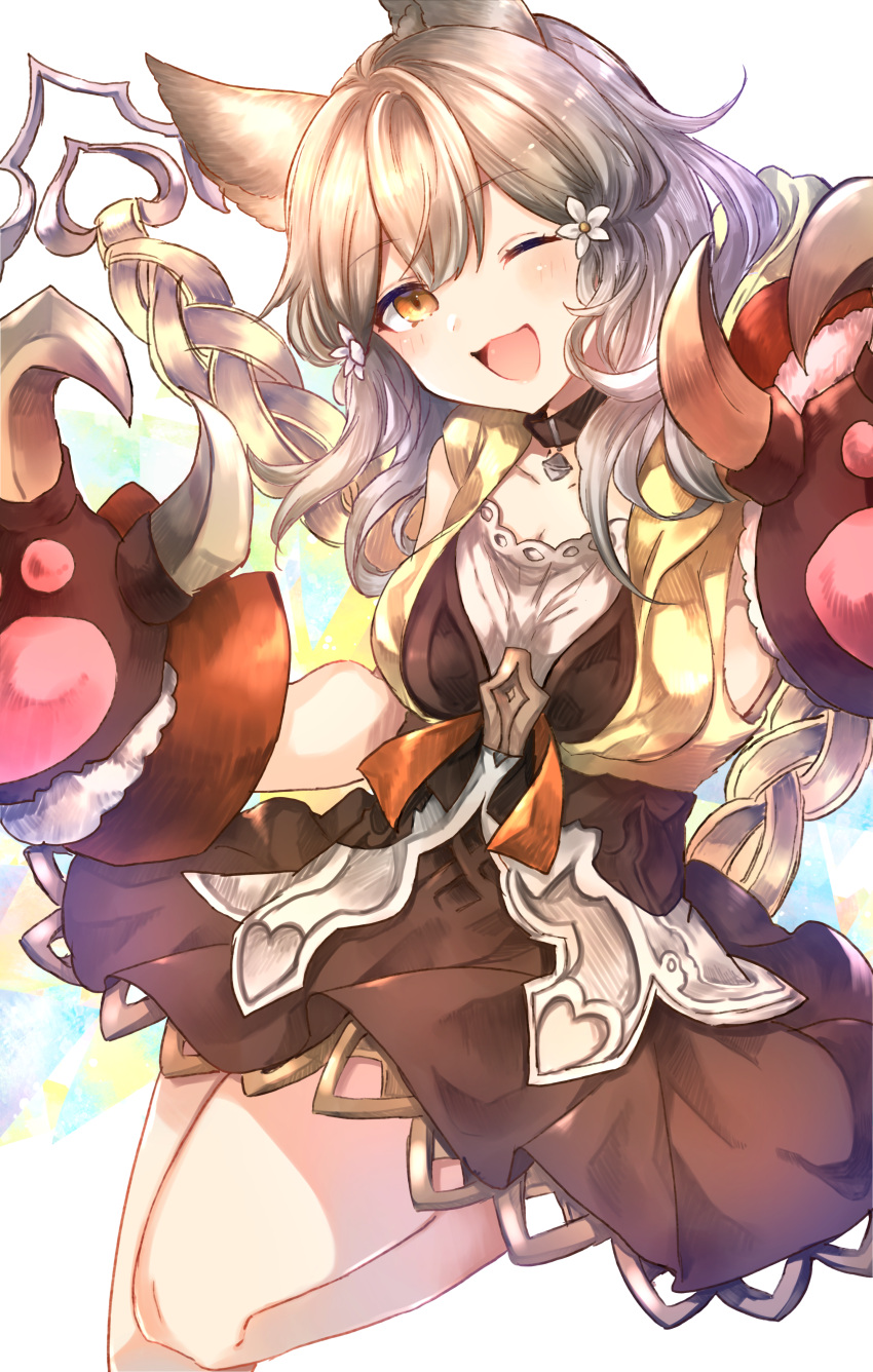 1girl ;d absurdres animal_ears bare_shoulders blush breasts brown_dress brown_eyes choker claw_(weapon) collarbone cowboy_shot dress erune flower granblue_fantasy hair_flower hair_ornament head_tilt highres huge_filesize leg_up long_hair looking_at_viewer medium_breasts one_eye_closed open_mouth sen_(granblue_fantasy) silver_hair sleeveless smile solo standing standing_on_one_leg sweetroad weapon white_background white_flower