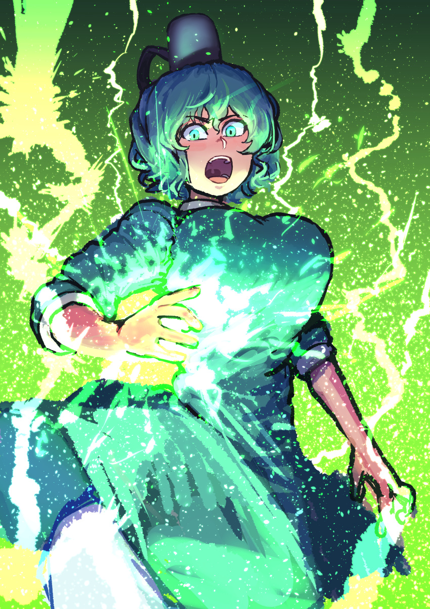 1girl absurdres bangs blush breasts chanta_(ayatakaoisii) cowboy_shot dress electricity ghost_tail glowing glowing_eyes gradient gradient_background green green_background green_dress green_eyes hair_between_eyes hat highres large_breasts light_trail long_sleeves looking_at_viewer open_mouth shouting sleeves_rolled_up soga_no_tojiko solo tate_eboshi teeth touhou