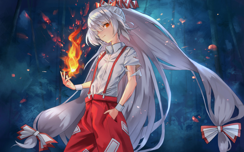 1girl bamboo bamboo_forest bangs bow breasts commentary_request cowboy_shot embers fire forest fujiwara_no_mokou hair_between_eyes hair_bow hand_in_pocket head_tilt long_hair looking_at_viewer maachi_(fsam4547) nature ofuda outdoors pants red_eyes red_pants shirt short_sleeves silver_hair small_breasts smile solo standing suspenders torn_clothes torn_sleeves touhou very_long_hair white_bow white_shirt wing_collar wrist_cuffs