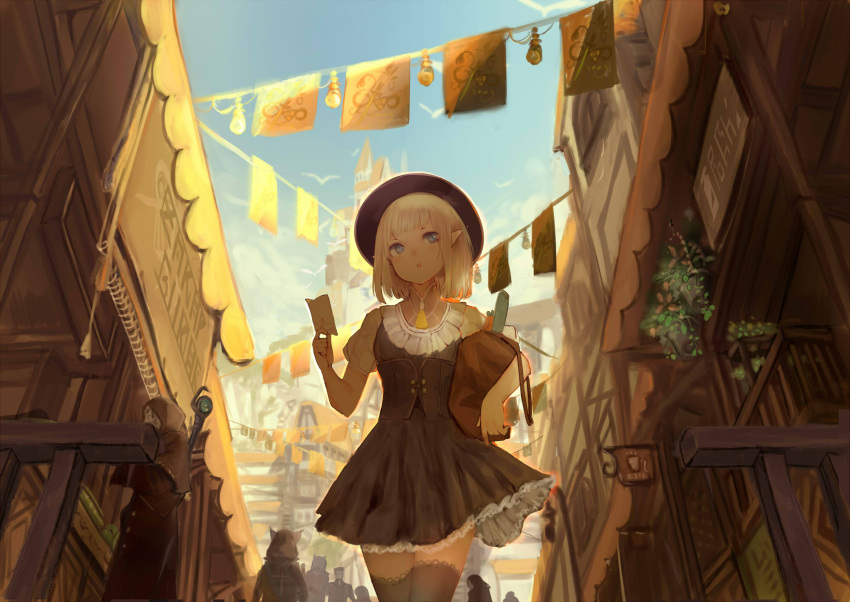 1girl 6+others animal_ears bad_perspective bag bird black_hat blonde_hair blue_eyes blush buttons carrot castle cloak corset cross flying food frilled_legwear frilled_skirt frills hat highres holding holding_bag lamppost looking_back multiple_others note open_mouth original paper plant pointy_ears pot potted_plant shiabisu shop short_hair sign silhouette skirt staff storefront thigh-highs vegetable walking