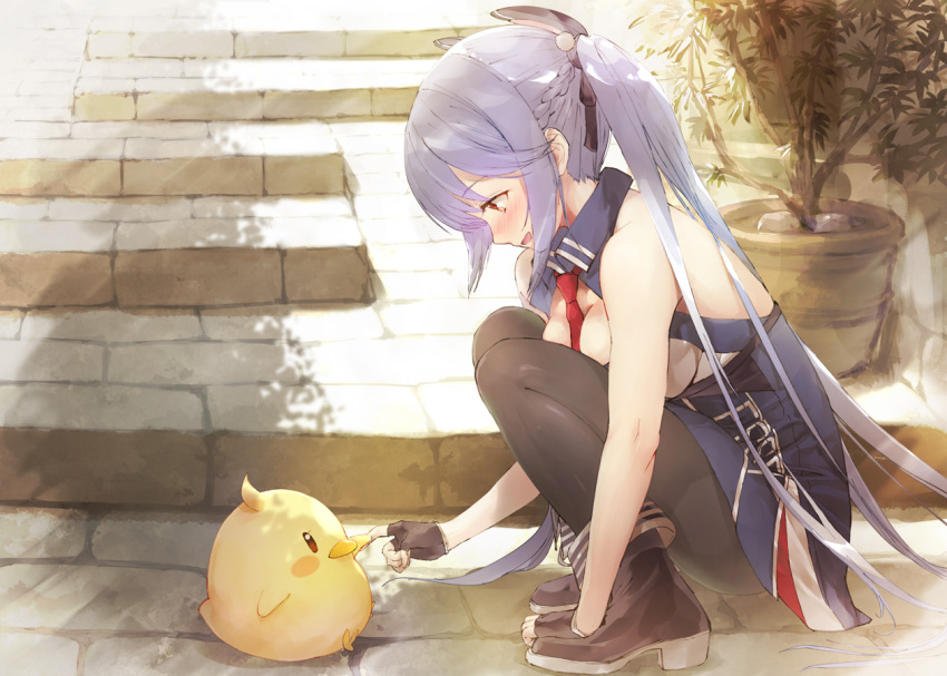 1girl :d animal animal_ears azur_lane bare_shoulders bird black_legwear blue_dress blush brown_gloves chick commentary_request day dress ek_masato essex_(azur_lane) fingerless_gloves gloves long_hair nose_blush open_mouth outdoors pantyhose plant pleated_dress potted_plant profile purple_hair rabbit_ears red_eyes sleeveless sleeveless_dress smile solo squatting twintails very_long_hair