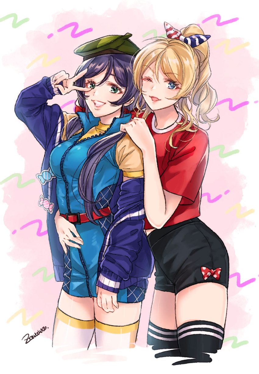 2girls ;d arm_around_waist artist_name ayase_eli badge belt beret black_shorts blonde_hair blue_cardigan blue_dress blue_eyes bow button_badge candy cardigan dress food green_eyes green_hat grin hair_bow hand_on_another's_shoulder hat hat_ribbon highres long_sleeves looking_at_viewer love_live! love_live!_school_idol_project multiple_girls one_eye_closed open_mouth polka_dot polka_dot_bow ponytail purple_hair red_bow red_shirt ribbon shirt short_shorts short_sleeves shorts sidelocks smile striped striped_ribbon t-shirt thigh-highs toujou_nozomi twintails v_over_eye zawawa_(satoukibi1108) zipper
