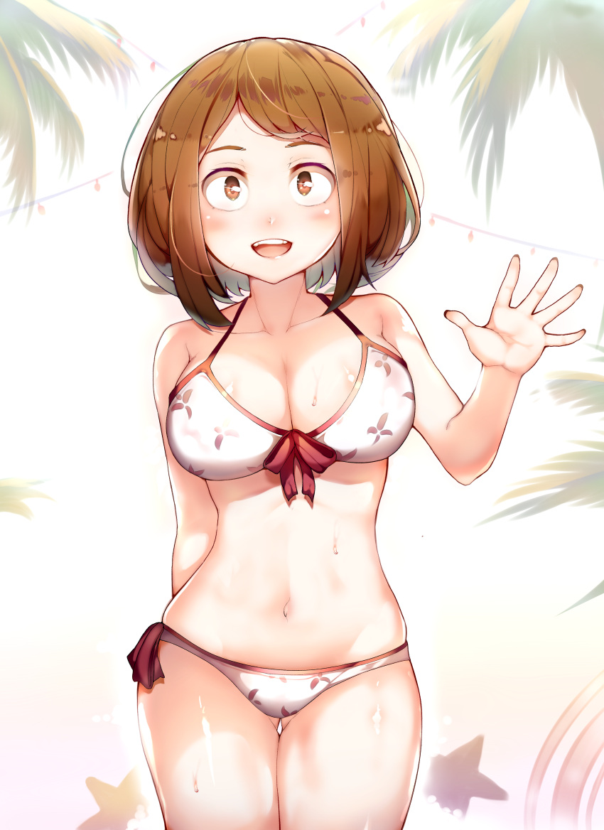 1girl :d absurdres arm_behind_back artist_name ass_visible_through_thighs bikini boku_no_hero_academia breasts brown_eyes brown_hair cleavage collarbone cowboy_shot deru06 front-tie_top highres large_breasts looking_at_viewer navel open_mouth paid_reward palm_tree patreon_reward short_hair side-tie_bikini smile solo standing sweat swimsuit tree uraraka_ochako waving white_bikini