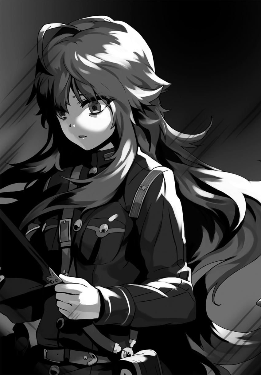 1girl ahoge breasts eyebrows_visible_through_hair floating_hair gloves greyscale hair_between_eyes highres holding long_hair military military_jacket military_uniform monochrome novel_illustration official_art parted_lips sanbasou shiny shiny_hair small_breasts solo standing tenkyou_no_alderamin uniform upper_body very_long_hair