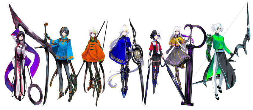 3boys 4girls absurdly_long_hair absurdres androgynous asymmetrical_clothes black_hair black_legwear black_pants blonde_hair blue_eyes blue_hair blue_jacket bow_(weapon) breasts capelet dress dual_wielding eighth_note expressionless eyebrows_visible_through_hair eyepatch flat_sign forte_(symbol) frilled_dress frills full_body gloves gold_trim green_eyes green_hair green_jacket high_collar highres holding holding_weapon huge_weapon jacket large_hands leggings light_smile lineup loafers long_hair looking_at_viewer mecha_danshi mecha_musume multicolored multicolored_eyes multicolored_hair multiple_boys multiple_girls musical_note necktie neon_trim orange_eyes orange_hair orange_jacket original pants piano_(symbol) ponytail prosthesis prosthetic_arm prosthetic_leg purple_hair quarter_note red_eyes redhead scythe sharp_sign shoes short_hair shoulder_cutout skirt small_breasts staff straight_hair streaked_hair sword thigh-highs treble_clef tsuki-shigure very_long_hair violet_eyes weapon white_background white_hair white_pants wide_sleeves yellow_eyes