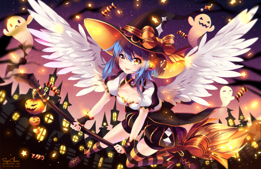 1girl album_cover amethyst_(gemstone) angel angel_wings black_legwear blue_hair bow breasts broom broom_riding building candy cleavage coattails cover eyebrows_visible_through_hair feathered_wings flying food food_themed_hair_ornament ghost glowing_windows hair_ornament halloween hat hat_bow highres looking_at_viewer medium_breasts musical_note night night_sky orange_bow orange_legwear original phyrnna pink_sky puffy_short_sleeves puffy_shorts puffy_sleeves pumpkin pumpkin_hair_ornament shoes short_sleeves shorts signature sky skyline smile squchan staff_(music) star star_(sky) starry_sky striped striped_legwear thigh-highs tongue tongue_out white_wings window wings witch_hat wrist_cuffs yellow_eyes