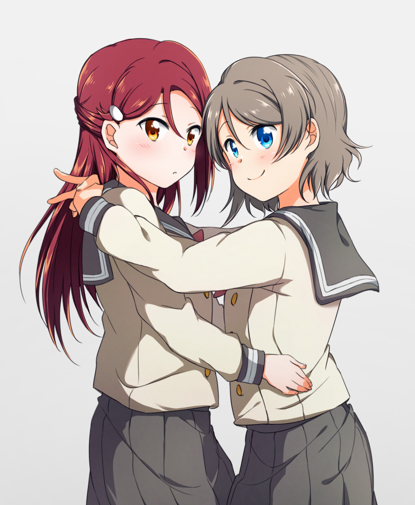 2girls absurdres blue_eyes blush grey_background grey_hair grey_skirt hair_ornament hairclip half_updo highres hug long_hair long_sleeves looking_at_viewer love_live! love_live!_sunshine!! multiple_girls pleated_skirt redhead sakurauchi_riko school_uniform serafuku short_hair simple_background skirt smile uranus v watanabe_you yellow_eyes yuchi_(salmon-1000) yuri