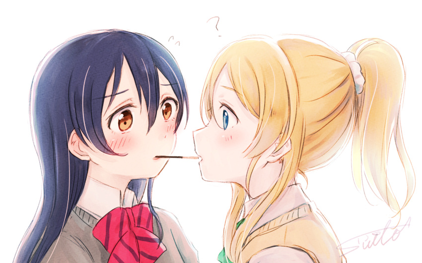 2girls ? artist_name ayase_eli blonde_hair blue_eyes blue_hair blush bow bowtie brown_eyes face-to-face flying_sweatdrops food hair_between_eyes hair_ornament hair_scrunchie highres looking_at_another love_live! love_live!_school_idol_project mouth_hold multiple_girls otonokizaka_school_uniform pocky pocky_kiss ponytail red_neckwear school_uniform scrunchie shared_food sidelocks signature simple_background sonoda_umi striped striped_neckwear suito sweater_vest upper_body white_background white_scrunchie yuri