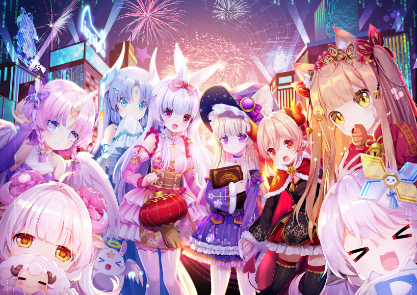 &gt;_&lt; 6+girls :d aerial_fireworks ahoge animal_ear_fluff animal_ears bell black_dress black_legwear blue_eyes blue_hair bow breasts brown_eyes building bun_cover cloak closed_mouth demon_horns demon_tail detached_sleeves double_bun dress fang feathered_wings fireworks food_in_mouth fur-trimmed_cloak fur-trimmed_sleeves fur_trim hair_bow hair_ornament halo hand_holding hat heart heart-shaped_pupils highres horn horns jingle_bell light_brown_hair long_sleeves mouth_hold multiple_girls mvv night night_sky off-shoulder_dress off_shoulder open_mouth original pink_dress pink_hair pink_sleeves purple_bow purple_dress purple_sleeves rabbit_ears red_cloak red_eyes sheep sky skyscraper sleeves_past_wrists small_breasts smile star star-shaped_pupils symbol-shaped_pupils tail thigh-highs violet_eyes white_hair white_legwear white_wings wide_sleeves wings witch_hat xd yellow_eyes