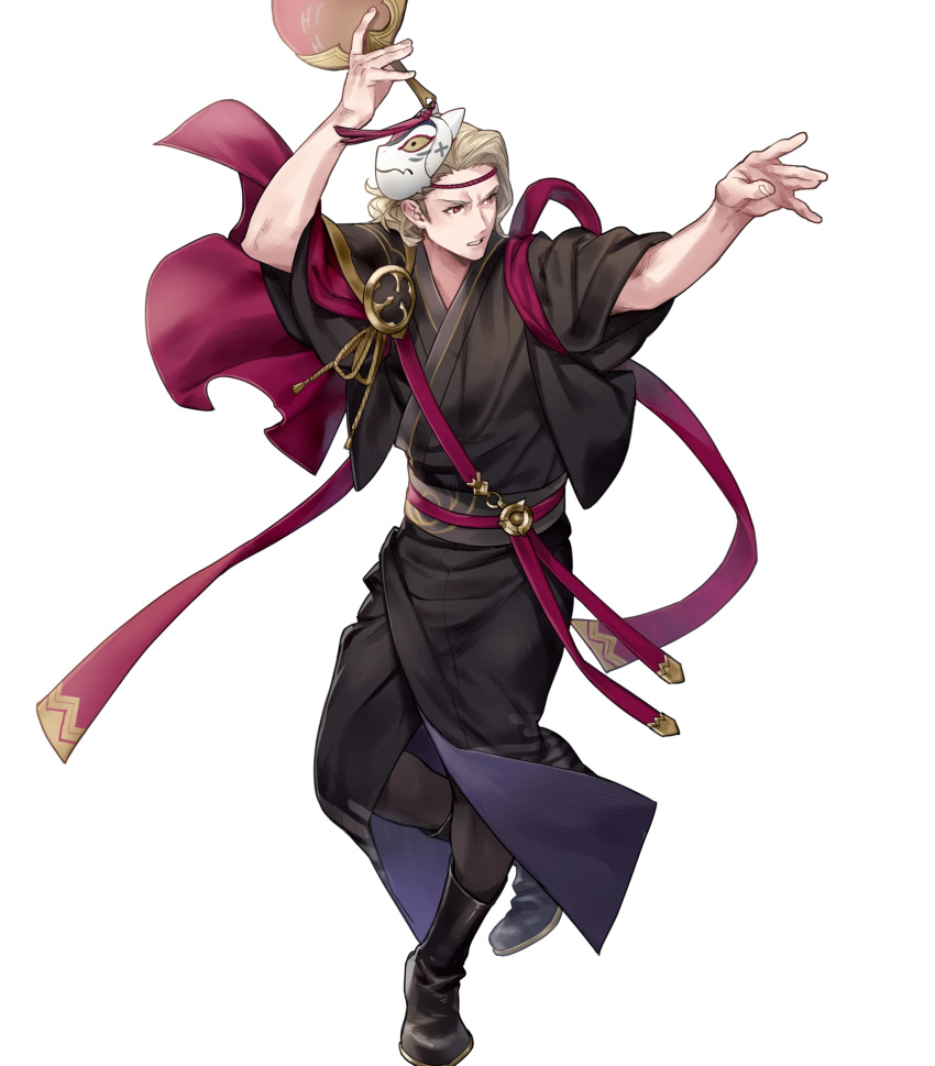 1boy alternate_costume blonde_hair boots fan fire_emblem fire_emblem_heroes fire_emblem_if full_body highres japanese_clothes kimono male_focus marks_(fire_emblem_if) mask mask_on_head nintendo official_art p-nekor red_eyes solo teeth transparent_background