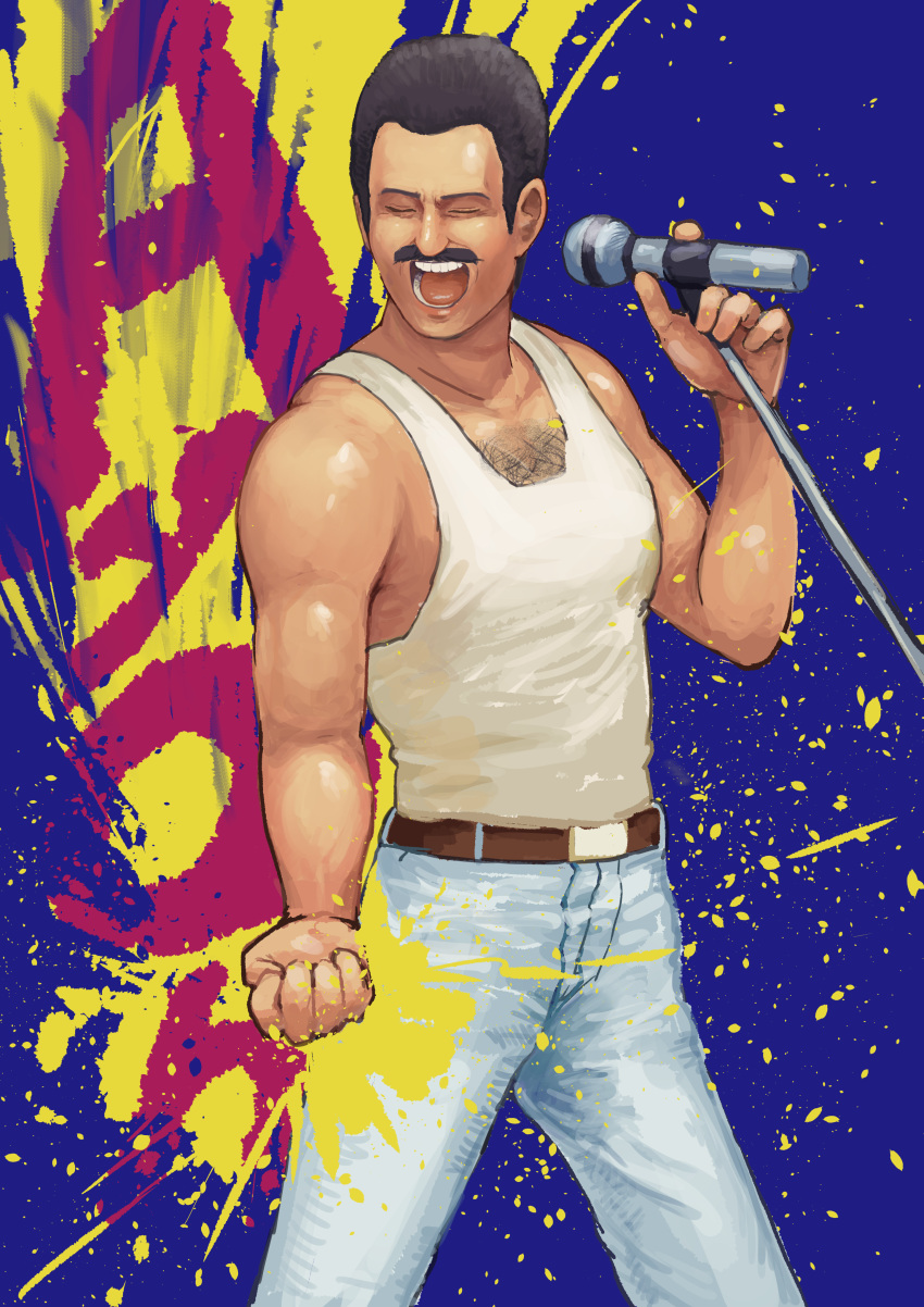 1boy absurdres belt black_hair chanta_(ayatakaoisii) chest_hair clenched_hand denim facial_hair freddie_mercury highres holding holding_microphone holding_microphone_stand jeans male_focus manly microphone muscle music mustache open_clothes open_mouth paint_splatter pants queen_(band) singing solo tank_top teeth