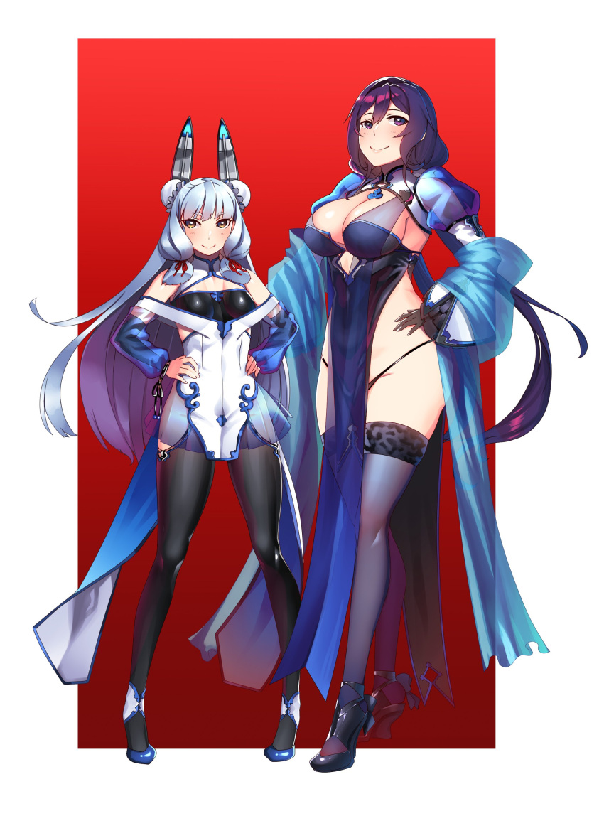 2girls absurdres black_legwear blue_hair breasts brown_eyes china_dress chinese_clothes cleavage double_bun dress female_admiral_(kantai_collection) gloves hands_on_hips hiememiko high_heels highres kantai_collection large_breasts long_hair multiple_girls murakumo_(kantai_collection) purple_hair thigh-highs thong violet_eyes