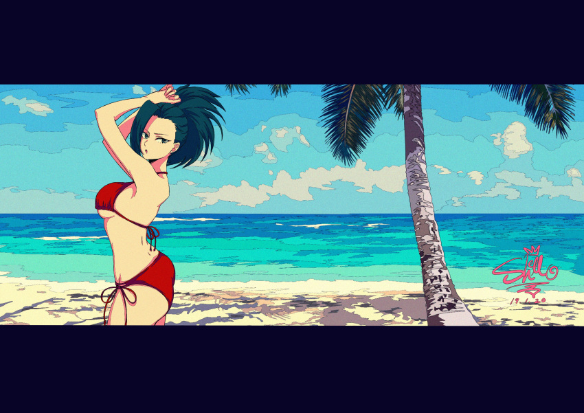 1girl absurdres arms_up beach bikini black_hair blue_sky boku_no_hero_academia breasts clouds cloudy_sky cowboy_shot dated day from_side highres large_breasts ocean outdoors palm_tree parted_lips red_bikini sand sherumaru_(korcht06) side-tie_bikini sky solo swimsuit tree under_boob water yaoyorozu_momo