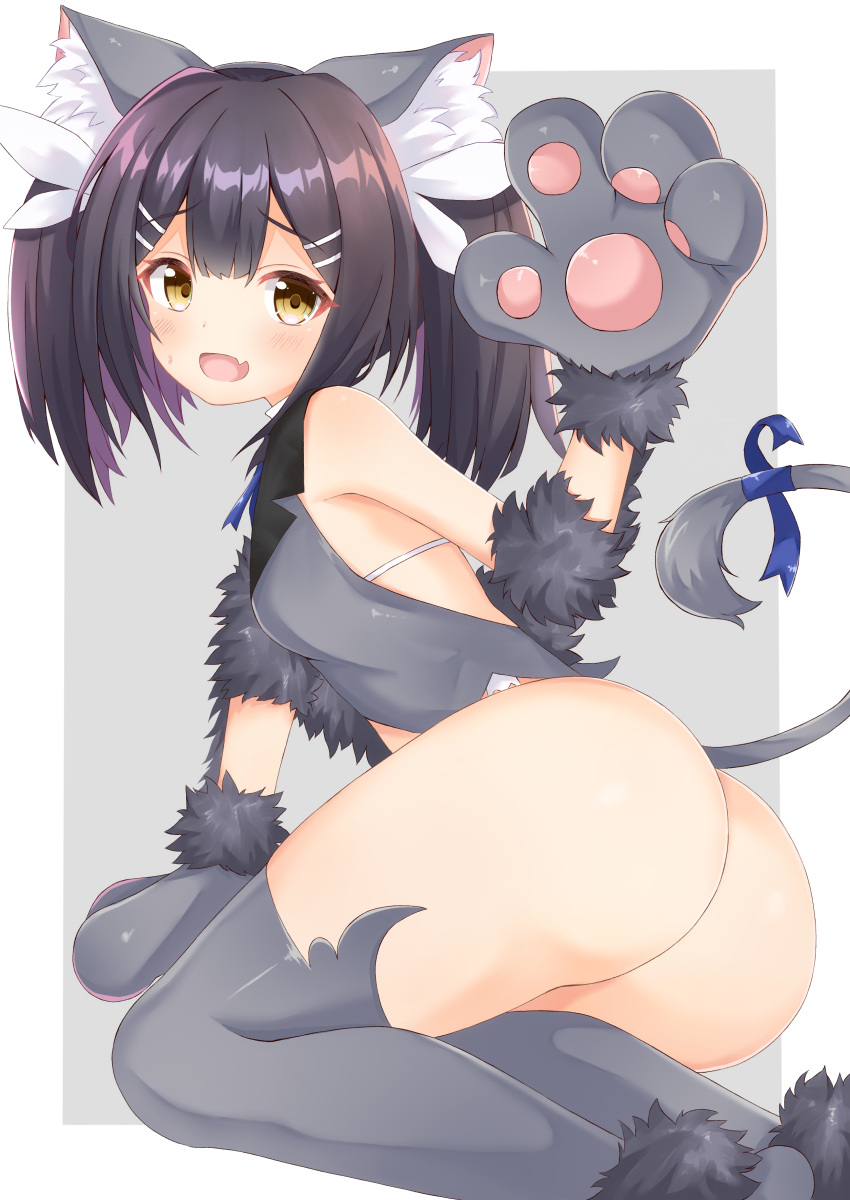 1girl absurdres alternate_costume animal_ears ass bare_shoulders black_hair breasts cat_ears cat_tail commentary_request eyebrows_visible_through_hair fate/kaleid_liner_prisma_illya fate_(series) from_behind full_body fur-trimmed_gloves fur_trim gloves grey_gloves grey_legwear hair_between_eyes hair_ornament hairclip highres kaleidostick leotard magical_girl miyu_edelfelt paw_gloves paw_shoes paws rokita shoes small_breasts tail thigh-highs thighs twintails yellow_eyes