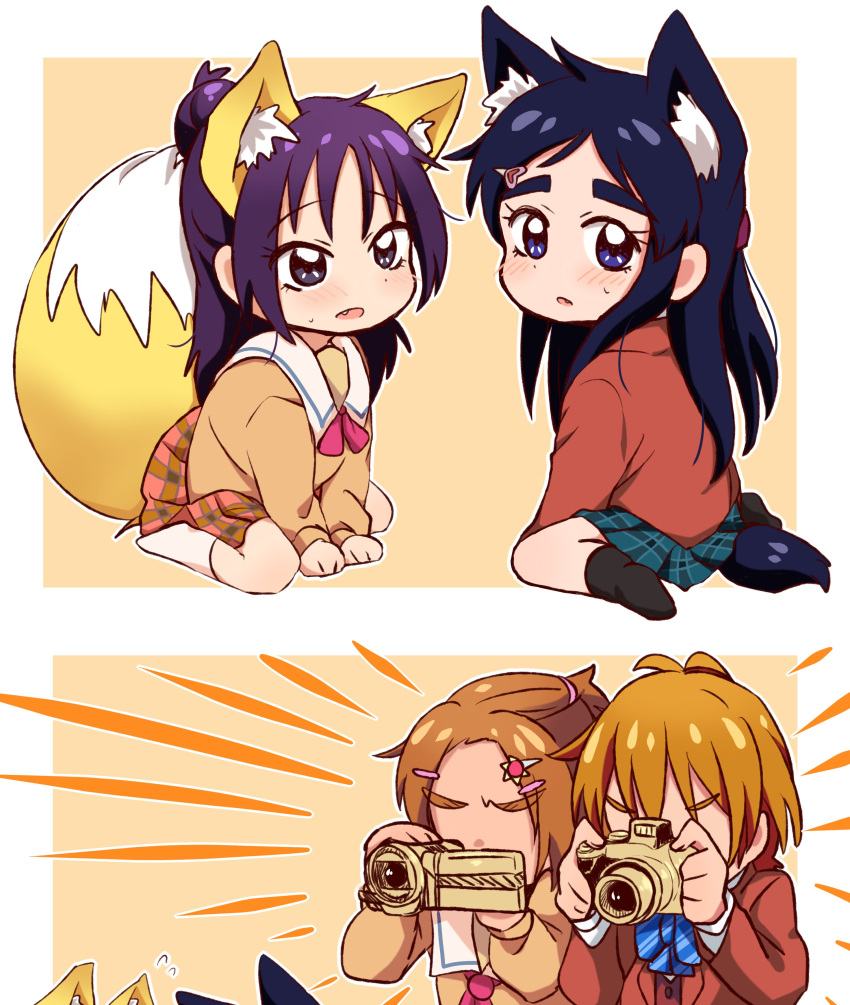 4girls absurdres animal_ears blush camcorder camera chibi comic fox_ears fox_tail futari_wa_precure futari_wa_precure_max_heart futari_wa_precure_splash_star half_updo highres hyuuga_saki miiii mishou_mai misumi_nagisa multiple_girls precure precure_all_stars school_uniform tail verone_gakuin_school_uniform yes!_precure_5 yes!_precure_5_gogo! yukishiro_honoka yuunagi_middle_school_uniform