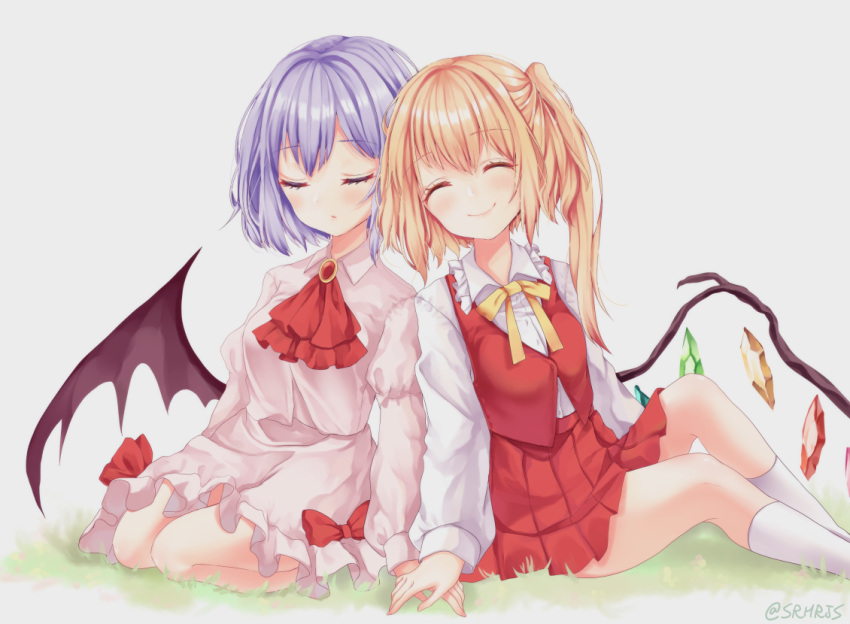 2girls ascot bangs bat_wings blouse blush bow breasts closed_eyes closed_mouth collared_blouse commentary_request crystal eyebrows_visible_through_hair eyelashes flandre_scarlet frilled_shirt_collar frills hand_on_another's_hand head_to_head high-waist_skirt kneehighs light_blue_hair long_sleeves medium_skirt multiple_girls on_grass orange_hair outdoors pleated_skirt red_bow red_neckwear red_skirt red_vest remilia_scarlet shiny shiny_hair shiromoru_(yozakura_rety) short_hair side_ponytail sitting skirt skirt_set smile touhou vest white_blouse white_legwear wing_collar wings yellow_neckwear