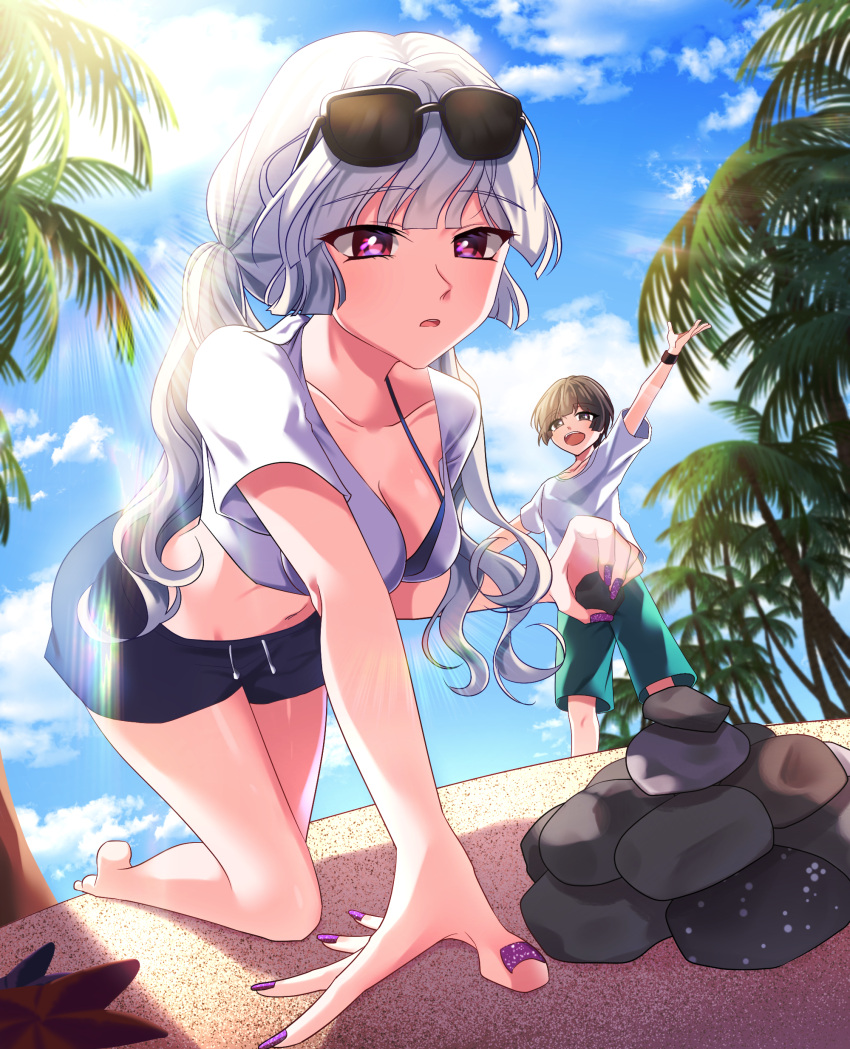 1girl :o absurdres androgynous arm_up barefoot beach black_shorts black_wristband blue_sky breasts brown_hair clouds eile_(esspril) eyewear_on_head foreshortening highres medium_breasts midriff nail_polish original outdoors ponytail purple_nails rock shirt short_hair shorts silver_hair sky sunglasses sunlight t-shirt wristband