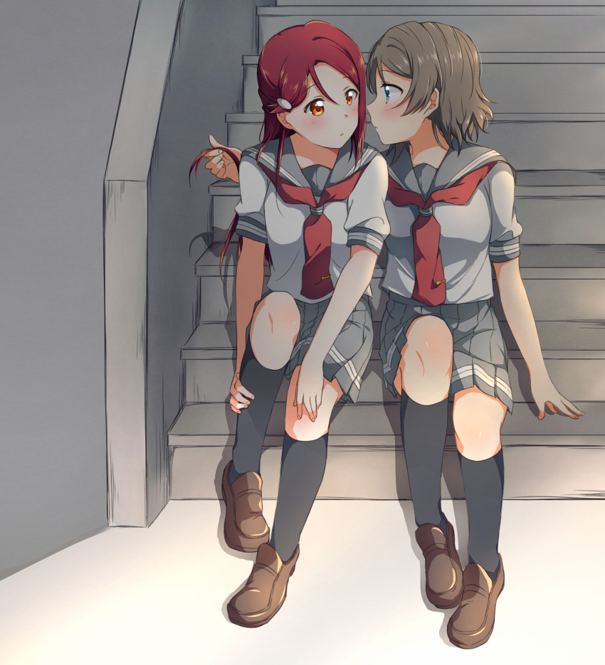 2girls absurdres arm_around_shoulder black_legwear blue_eyes brown_footwear grey_hair grey_skirt highres indoors kneehighs loafers long_hair looking_at_another love_live! love_live!_sunshine!! miniskirt multiple_girls neckerchief orange_eyes playing_with_another's_hair pleated_skirt red_neckwear redhead sakurauchi_riko school_uniform serafuku shoes short_hair short_sleeves sitting sitting_on_stairs skirt stairs tie_clip uranohoshi_school_uniform watanabe_you yuchi_(salmon-1000) yuri