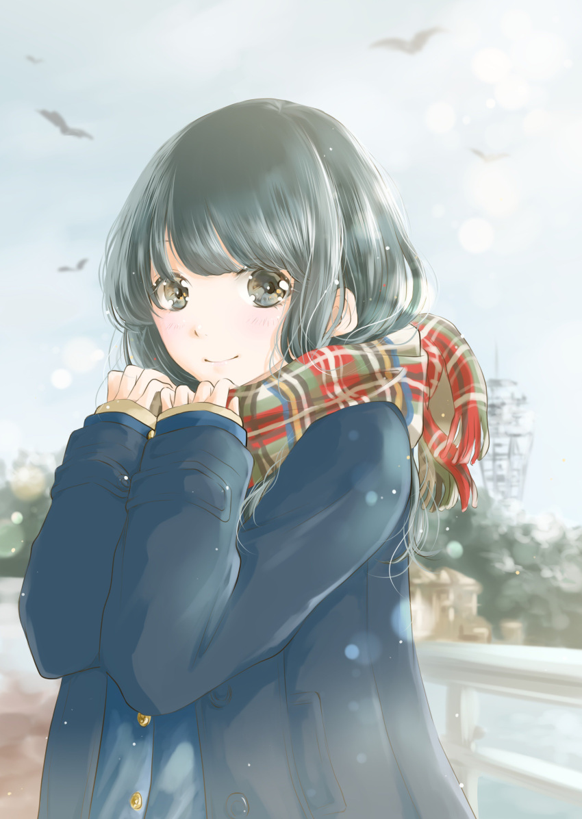 1girl absurdres arms_up bangs bird black_hair blue_coat blue_shirt blue_sky blurry bridge brown_eyes building coat commentary_request day depth_of_field duffel_coat enoshima highres holding_scarf hoshiibara_mato light_particles long_sleeves looking_at_viewer medium_hair open_clothes open_coat original outdoors plaid plaid_scarf scarf shiny shiny_hair shirt sky sleeves_past_wrists smile solo tower upper_body