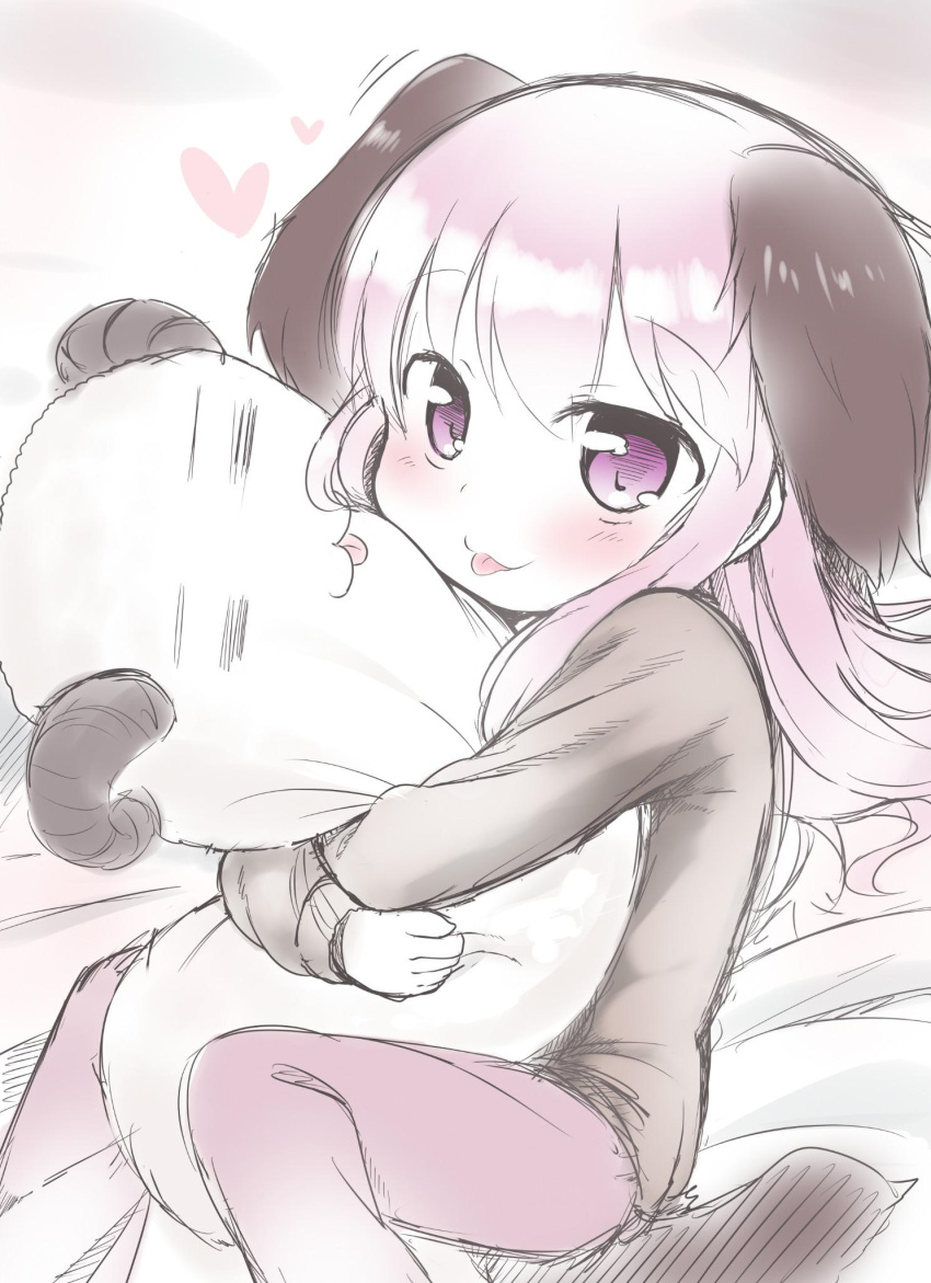 1girl :p animal_ears black_sweater commentary_request dog_ears dog_tail heart highres hug long_hair object_hug original osatsu pants pink_eyes pink_hair sitting smile solo stuffed_toy sweater tail tongue tongue_out