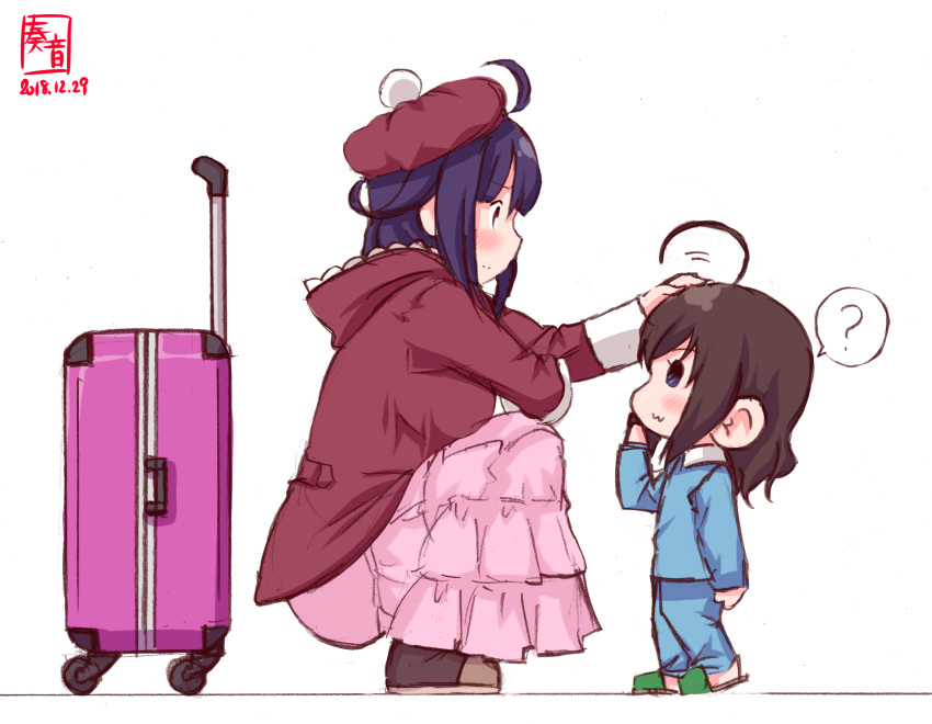2girls :3 ? ahoge alternate_costume artist_logo brown_hair commentary_request dated hand_on_another's_head hat highres hood hood_down hooded_jacket jacket kanon_(kurogane_knights) kantai_collection long_hair luggage multiple_girls petting purple_hair rolling_suitcase ryuuhou_(kantai_collection) shigure_(kantai_collection) simple_background slippers smile speech_bubble spoken_question_mark squatting taigei_(kantai_collection) white_background younger