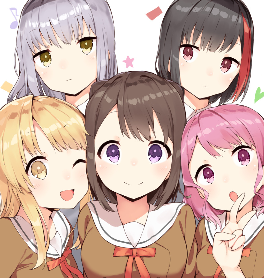 5girls :o ;d absurdres bang_dream! bangs black_hair blonde_hair blush brown_eyes brown_hair brown_shirt closed_mouth commentary_request eighth_note eyebrows_visible_through_hair hand_up head_tilt highres kura_ekaki long_hair maruyama_aya minato_yukina mitake_ran multicolored_hair multiple_girls musical_note neck_ribbon one_eye_closed open_mouth pink_hair red_ribbon redhead ribbon sailor_collar school_uniform serafuku shirt silver_hair simple_background smile star streaked_hair toyama_kasumi tsurumaki_kokoro v violet_eyes white_background white_sailor_collar