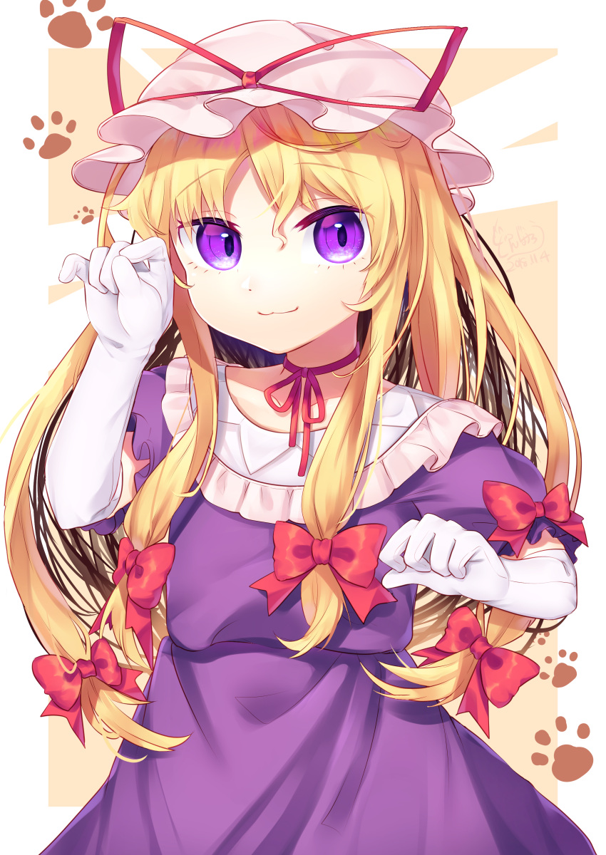1girl :3 absurdres blonde_hair bow choker commentary_request dated dress elbow_gloves gloves gunjou_row hair_bow hat hat_ribbon highres light_brown_background long_hair mob_cap paw_background paw_pose puffy_short_sleeves puffy_sleeves purple_dress red_choker ribbon short_sleeves simple_background touhou two-tone_background violet_eyes white_background white_gloves yakumo_yukari