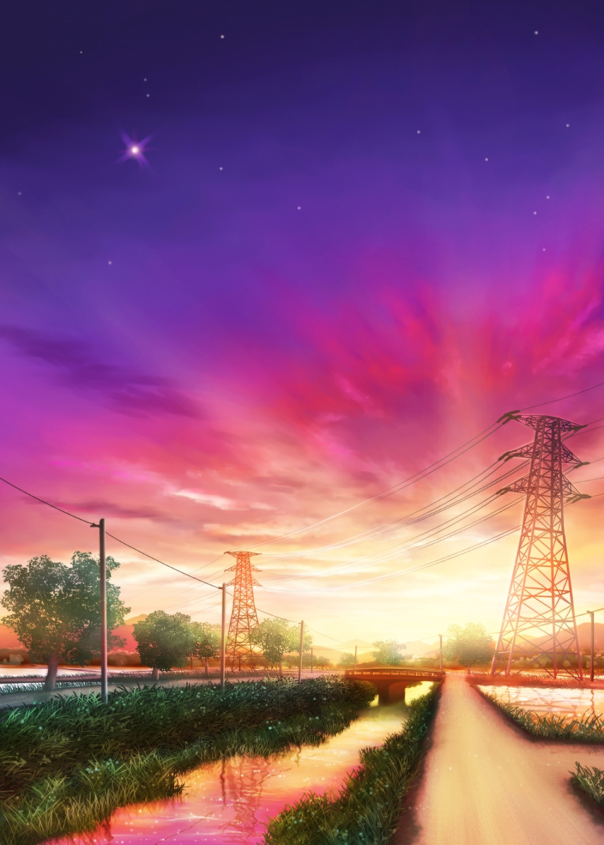 bridge canal clouds dusk grass highres monorisu no_humans original outdoors path power_lines reflection road rural scenery sky star_(sky) starry_sky sunset telephone_pole transmission_tower tree twilight water