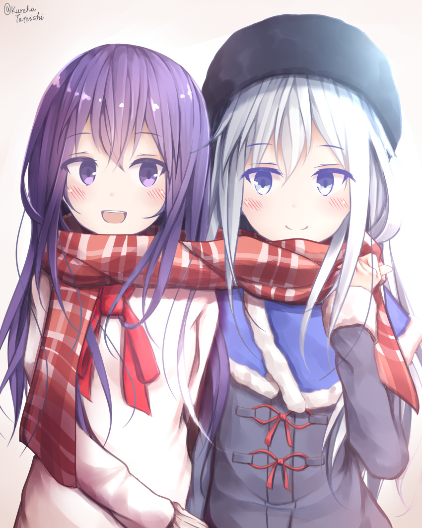 2girls :d absurdres akatsuki_(kantai_collection) bangs beret black_hat black_jacket blue_capelet blue_eyes blush brown_background capelet closed_mouth commentary_request eyebrows_visible_through_hair fur-trimmed_capelet fur-trimmed_sleeves fur_trim gradient gradient_background hair_between_eyes hamayuu_(litore) hat hibiki_(kantai_collection) highres jacket kantai_collection long_hair long_sleeves multiple_girls open_mouth purple_hair red_scarf scarf shared_scarf silver_hair smile sweater twitter_username upper_body upper_teeth violet_eyes white_background white_sweater