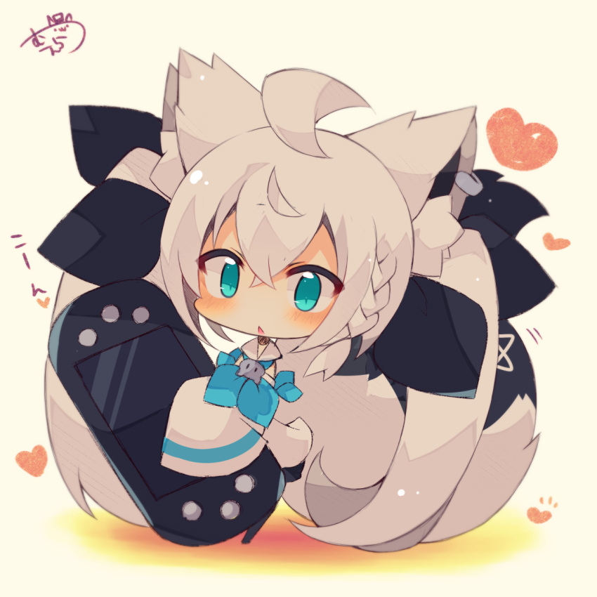 1girl :&lt; ahoge animal_ears black_legwear black_ribbon blue_eyes blue_neckwear blush braid brown_background chibi commentary_request fox_ears fox_girl fox_tail full_body grey_hair hair_ribbon handheld_game_console heart highres holding holding_handheld_game_console hololive long_sleeves muuran neckerchief pantyhose parted_lips ribbon shirakami_fubuki shirt signature sleeves_past_fingers sleeves_past_wrists solo standing tail translation_request triangle_mouth virtual_youtuber white_shirt