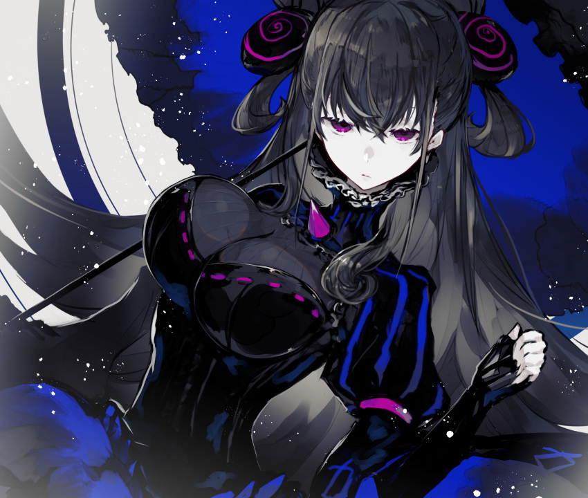 1girl bangs breasts character_request closed_mouth dress fate/grand_order fate_(series) fingerless_gloves gloves hair_between_eyes hair_ornament highres jitome juliet_sleeves kusakanmuri large_breasts long_hair long_sleeves looking_at_viewer monochrome puffy_sleeves solo two_side_up umbrella very_long_hair violet_eyes