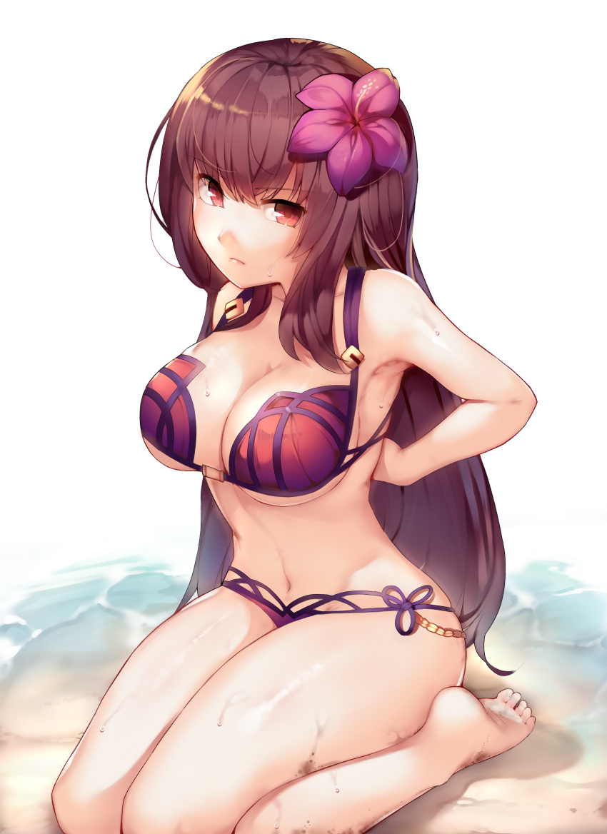 1girl absurdres barefoot bikini breasts cleavage deru06 fate/grand_order fate_(series) flower hair_flower hair_intakes hair_ornament hibiscus highres huge_filesize large_breasts long_hair paid_reward patreon_reward pink_bikini purple_hair red_eyes scathach_(fate)_(all) scathach_(fate/grand_order) scathach_(swimsuit_assassin)_(fate) sitting swimsuit wariza