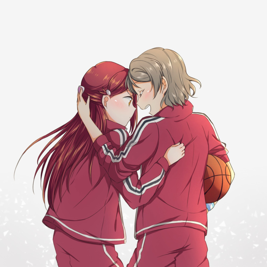 2girls arm_around_shoulder basketball blush closed_eyes from_behind grey_hair hair_ornament hairclip half_updo hand_on_another's_back highres jacket long_hair long_sleeves love_live! love_live!_sunshine!! multiple_girls open_mouth pants red_jacket red_pants redhead sakurauchi_riko short_hair smile sweatband track_jacket track_pants watanabe_you yuchi_(salmon-1000)