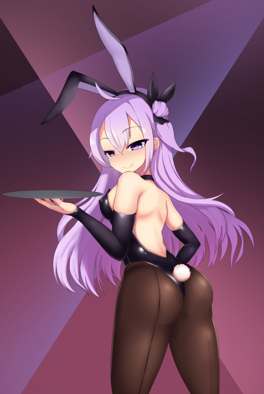 1girl absurdres ahoge animal_ears azur_lane backless_outfit bare_shoulders blush bunny_girl bunnysuit commentary_request detached_sleeves fake_animal_ears fake_tail from_behind fune_yoi hair_ribbon hairband heart heart-shaped_pupils highres holding holding_tray long_hair looking_at_viewer one_side_up pantyhose purple_hair rabbit_ears ribbon smile solo symbol-shaped_pupils tail tray unicorn_(azur_lane) very_long_hair violet_eyes