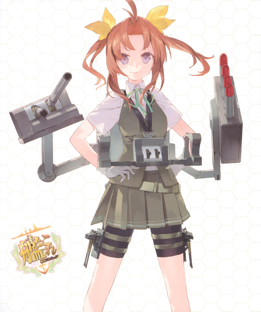1girl ahoge belt bike_shorts brown_hair copyright_name gloves green_neckwear green_ribbon hair_intakes hair_ribbon hands_on_hips highres kagerou_(kantai_collection) kantai_collection logo long_hair looking_at_viewer machinery neck_ribbon noco_(adamas) patterned_background pleated_skirt ribbon rigging school_uniform short_sleeves shorts shorts_under_skirt skirt smile solo thigh_strap torpedo turret twintails vest violet_eyes white_gloves yellow_ribbon