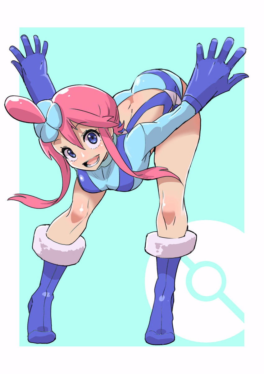 1girl bent_over blue_eyes boots breasts creatures_(company) fuuro_(pokemon) game_freak gloves highres hirakata_masahiro nintendo pokemon pokemon_(game) pokemon_bw redhead