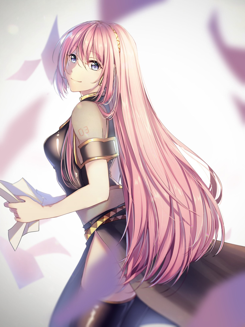 1girl armlet bangs belt blue_eyes blurry_foreground breasts commentary cowboy_shot eyebrows_visible_through_hair from_behind hair_between_eyes headphones highres holding holding_paper long_hair long_skirt looking_at_viewer looking_back medium_breasts megurine_luka paper pink_hair shoulder_tattoo skirt smile solo tattoo thigh-highs thighs very_long_hair vocaloid yen-mi