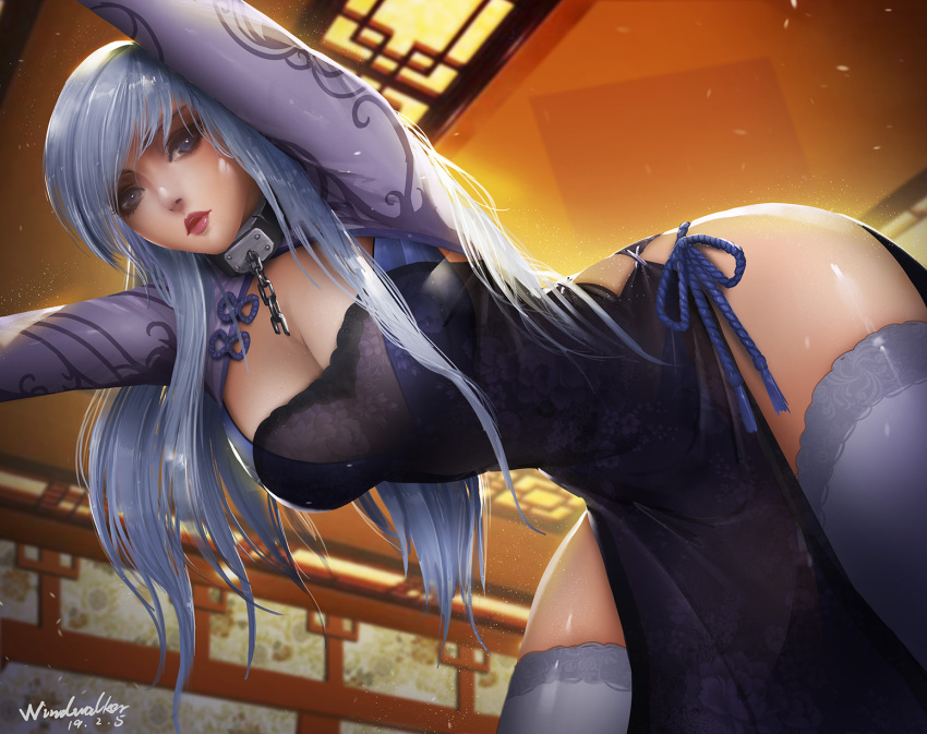 1girl alternate_costume azur_lane bangs belfast_(azur_lane) blue_dress blue_eyes blue_hair blush braid breasts chains china_dress chinese_clothes cleavage collar dated dress eyebrows_visible_through_hair highres indoors kaze_no_gyouja large_breasts light_particles long_hair looking_at_viewer open_mouth red_lips shrug_(clothing) side-tie signature solo thigh-highs thighs