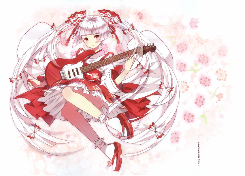 1girl :&lt; absurdres alternate_costume alternate_hairstyle bangs bare_legs blunt_bangs blush bobby_socks bow colored_eyelashes domotolain electric_guitar eyelashes floral_background fujiwara_no_mokou full_body geta guitar hair_bow highres holding holding_instrument huge_filesize instrument japanese_clothes kimono long_hair long_sleeves looking_at_viewer obi ofuda petticoat plectrum red_eyes red_footwear red_skirt ribbon-trimmed_sleeves ribbon_trim sandals sash silver_hair skirt socks solo suspender_skirt suspenders thighs touhou translation_request twintails very_long_hair white_bow white_kimono white_legwear wide_sleeves
