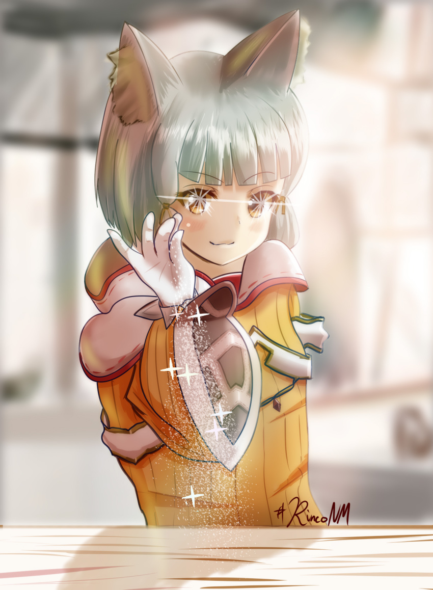 1girl animal_ear_fluff animal_ears bangs blurry blurry_background blush bodysuit cat_ears eyebrows_visible_through_hair gloves highres meme nintendo niyah powder ribbon rinconm salt salt_bae_(meme) short_hair signature silver_hair smile solo white_gloves xenoblade_(series) xenoblade_2 yellow_bodysuit yellow_eyes