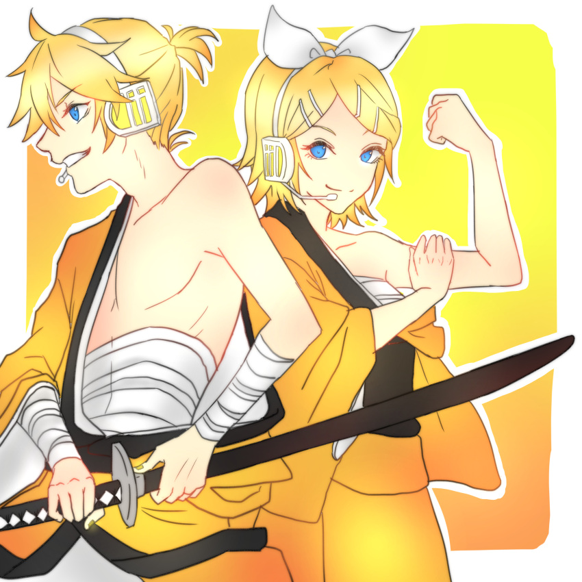 1boy 1girl absurdres bangs blonde_hair blue_eyes bow brother_and_sister collarbone grin hair_bow hairband hazu_kichi0827 headphones headset highres holding holding_sheath holding_sword holding_weapon japanese_clothes kagamine_len kagamine_rin katana kimono looking_at_viewer microphone parted_bangs sarashi sheath sheathed short_hair siblings smile sword vocaloid weapon white_bow white_hairband yellow_kimono